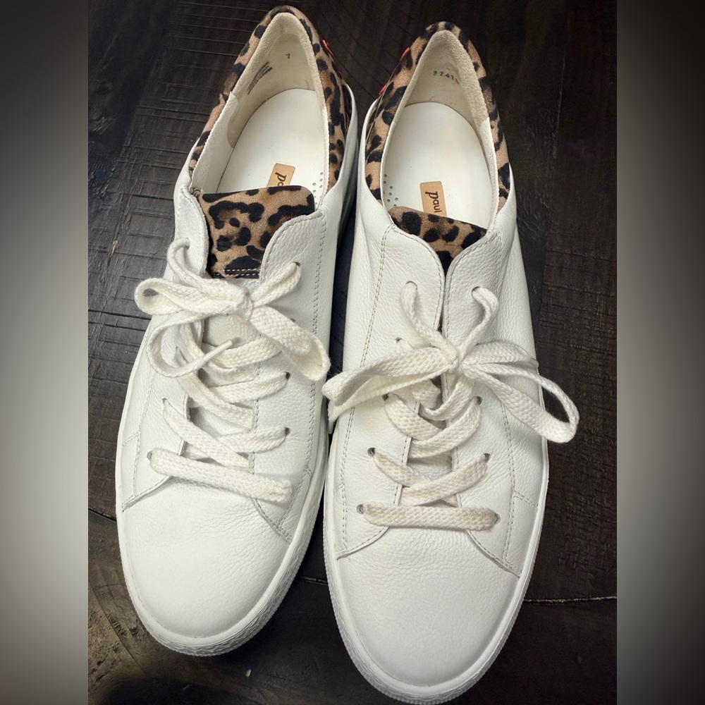 Rare Paul Green White Leather Sneakers with Leopard Accent UK 7 US 9.5 OOH LALA - Picture 2 of 9
